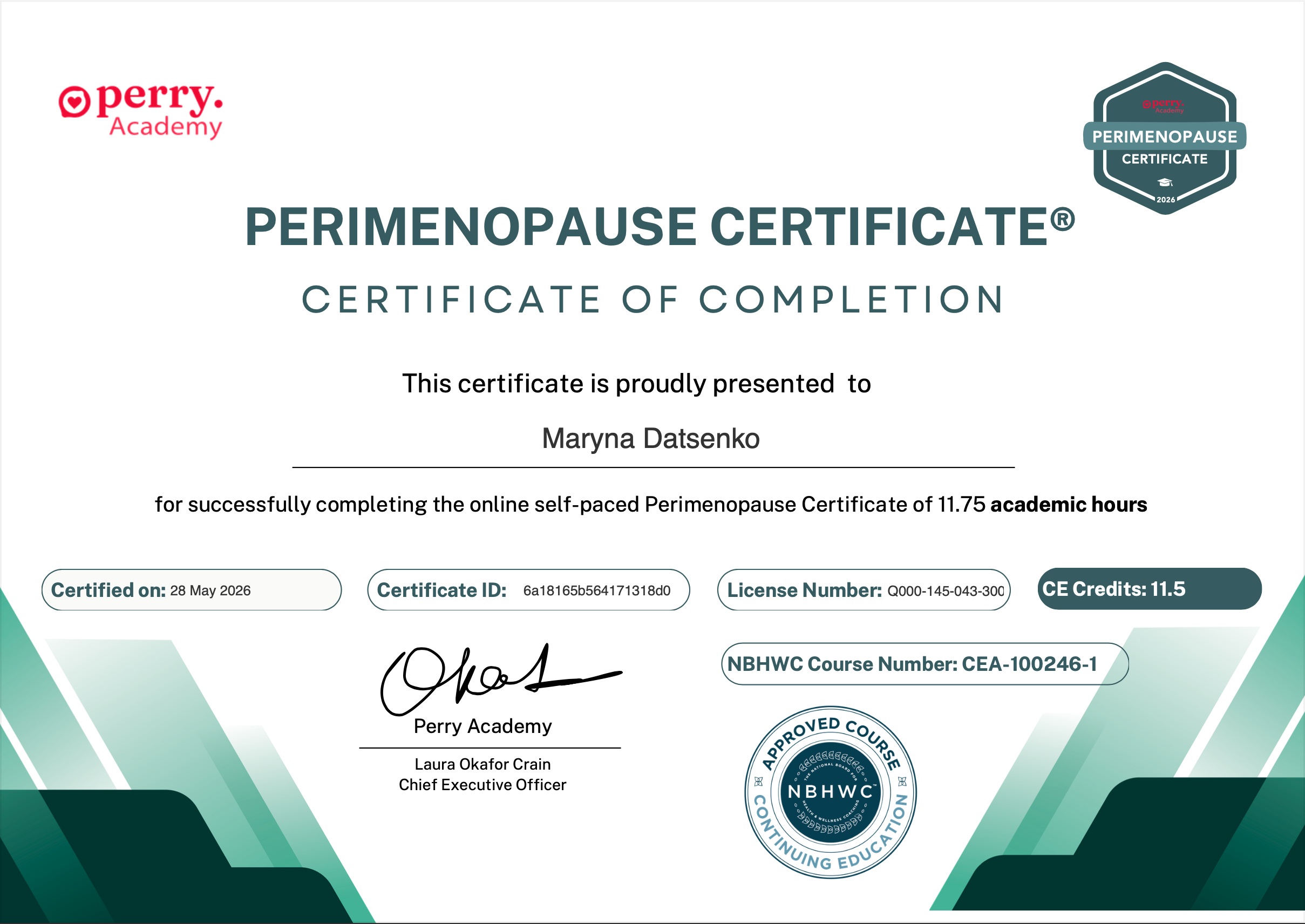 Perry Academy Certificate